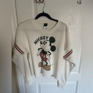 Disney Mickey Mouse Cropped Sweatshirt Raw Hem Striped Sleeves NWT Small